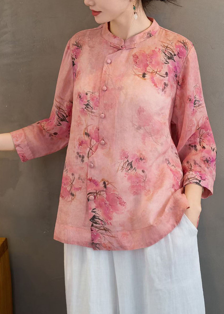 Retro Red Stand Collar Print Button Linen Shirt Summer