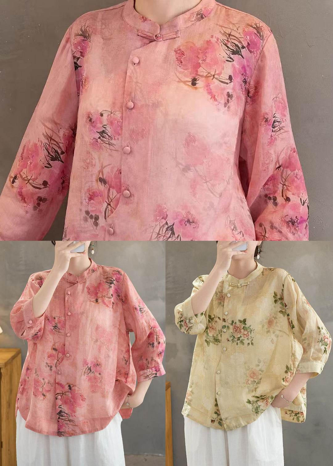 Retro Red Stand Collar Print Button Linen Shirt Summer