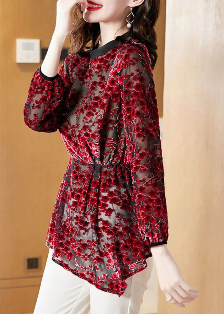Retro Red Wrinkled Hollow Out Floral Silk Velour Top Spring