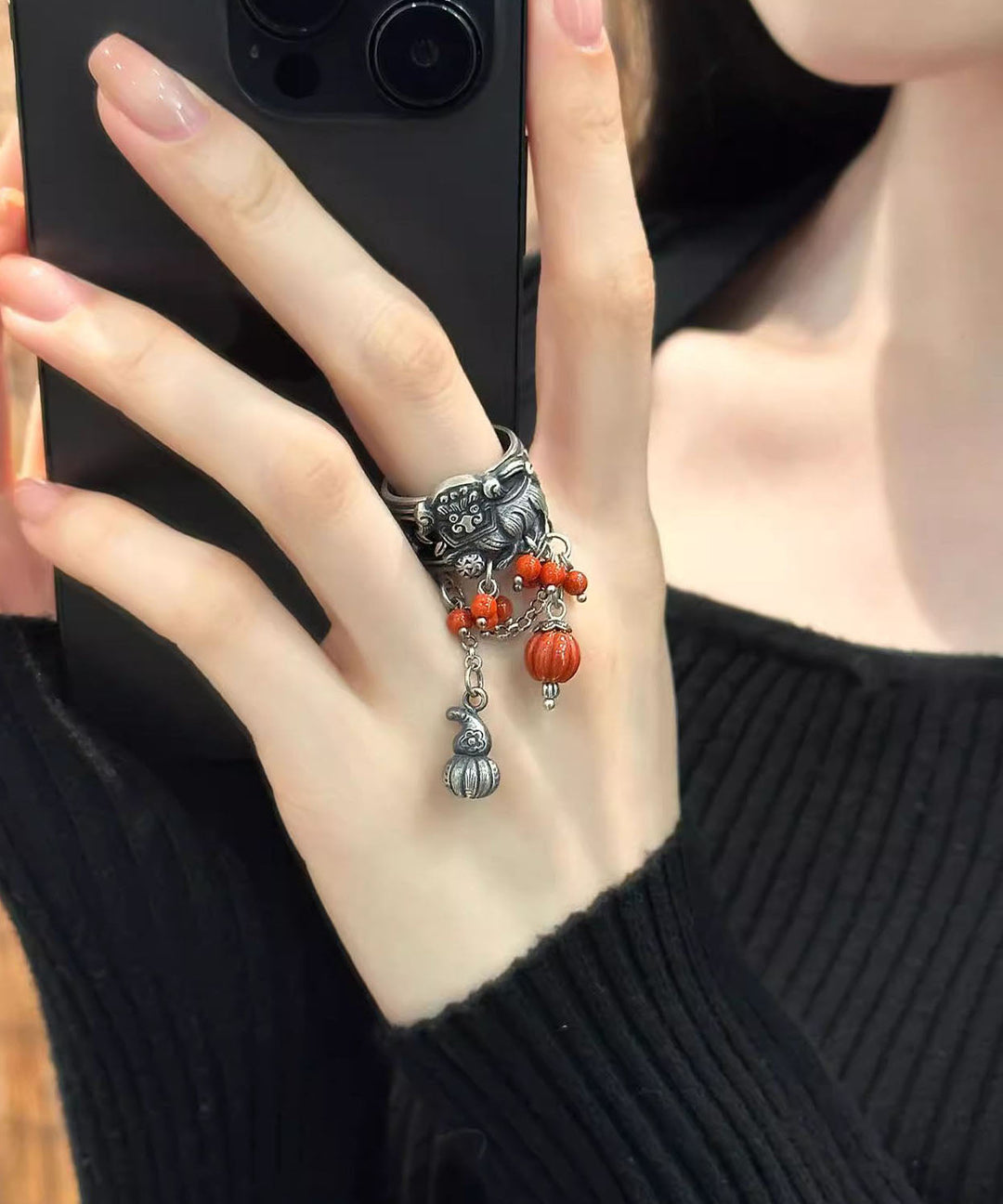 Retro Silk Sterling Silver Awakening Lion Rolling Embroidered Ball Tassel Open Rings