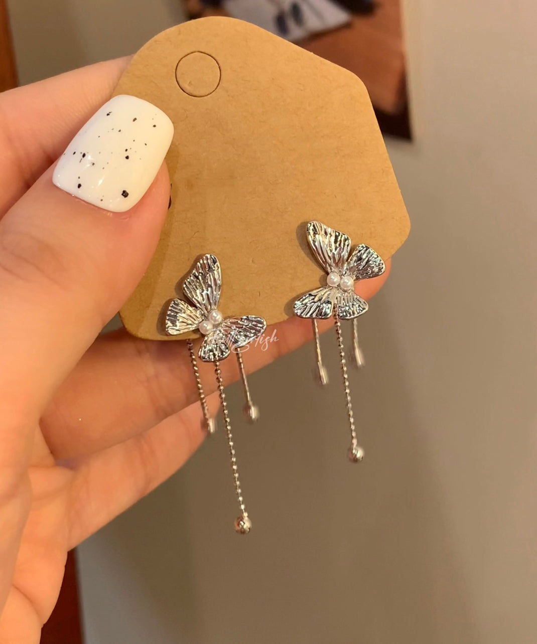 Retro Silk Sterling Silver Butterfly Pearl Tassel Drop Earrings