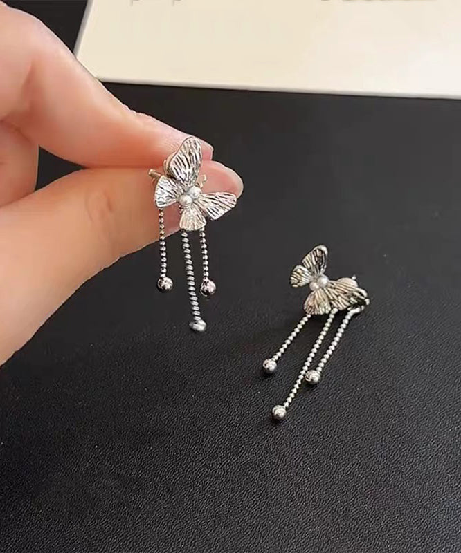 Retro Silk Sterling Silver Butterfly Pearl Tassel Drop Earrings