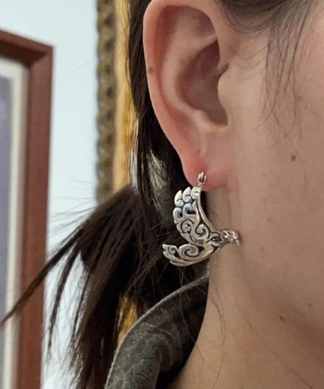 Retro Silk Sterling Silver Carve Bird In Flight Hollow Out Hoop Earrings