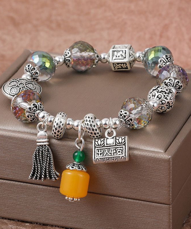 Retro Silk Sterling Silver Crystal Longevity Lock Tassel Charm Bracelet