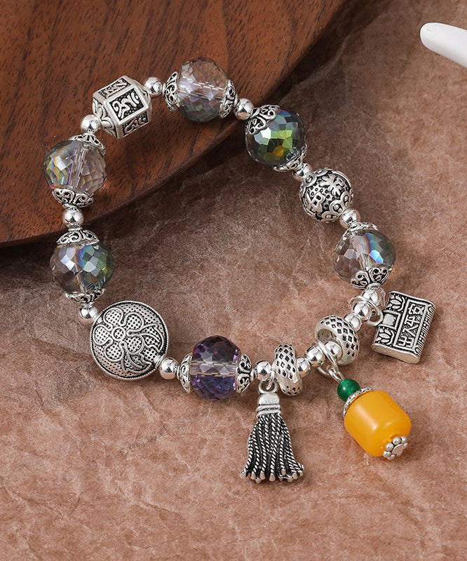 Retro Silk Sterling Silver Crystal Longevity Lock Tassel Charm Bracelet