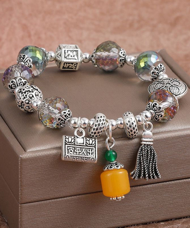 Retro Silk Sterling Silver Crystal Longevity Lock Tassel Charm Bracelet
