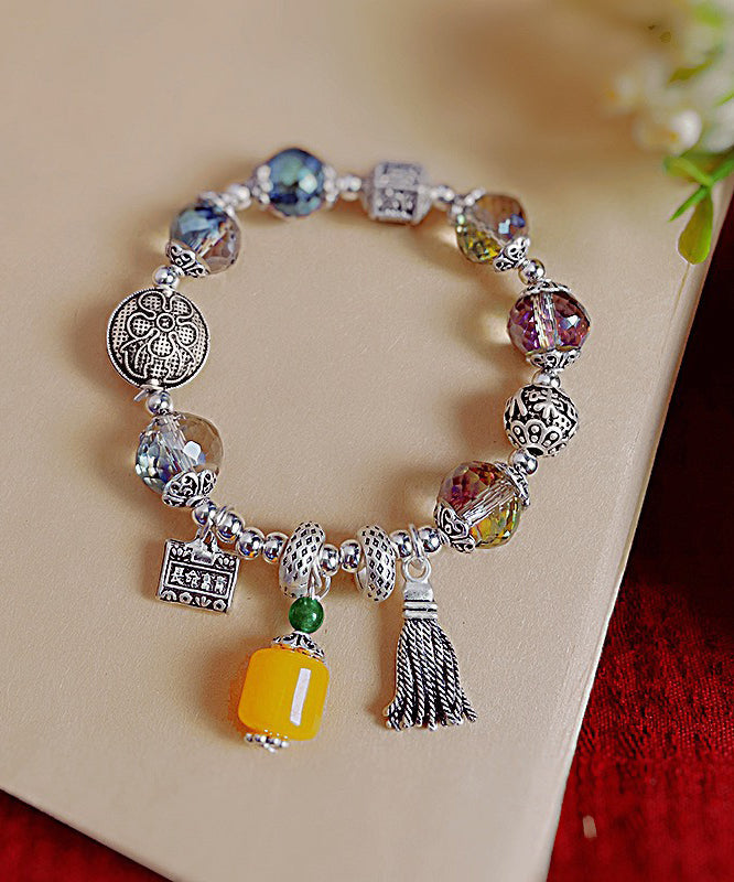 Retro Silk Sterling Silver Crystal Longevity Lock Tassel Charm Bracelet