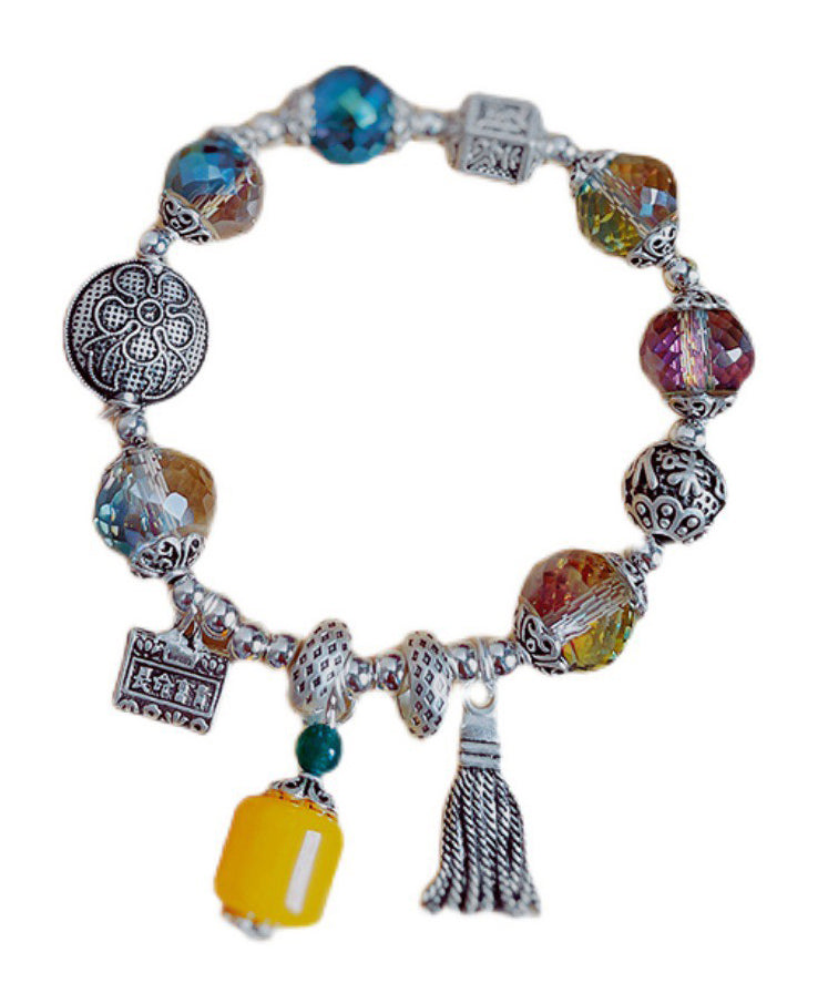 Retro Silk Sterling Silver Crystal Longevity Lock Tassel Charm Bracelet