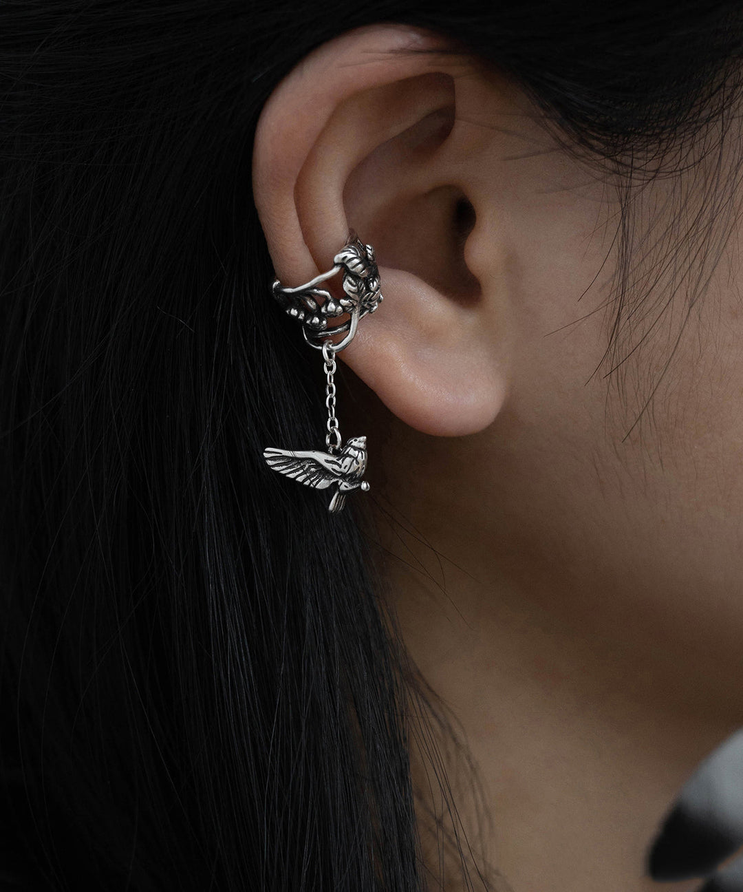 Retro Silk Sterling Silver Floral Flying Bird Hollow Out Tassel Single One Drop Earrings