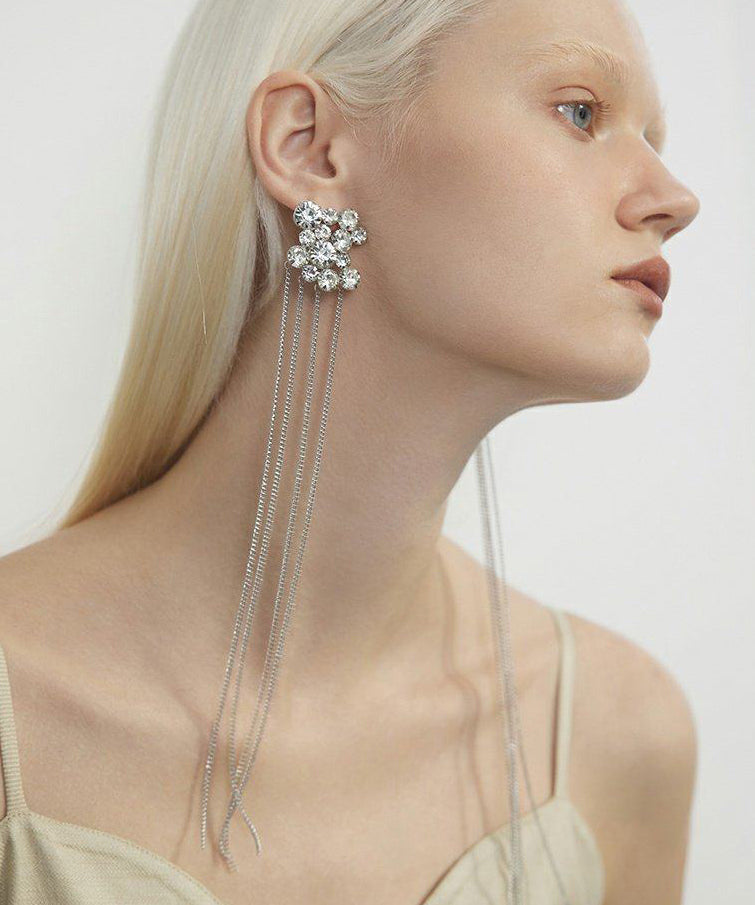 Retro Silvery Zircon Long Tasseled Metal Drop Earrings