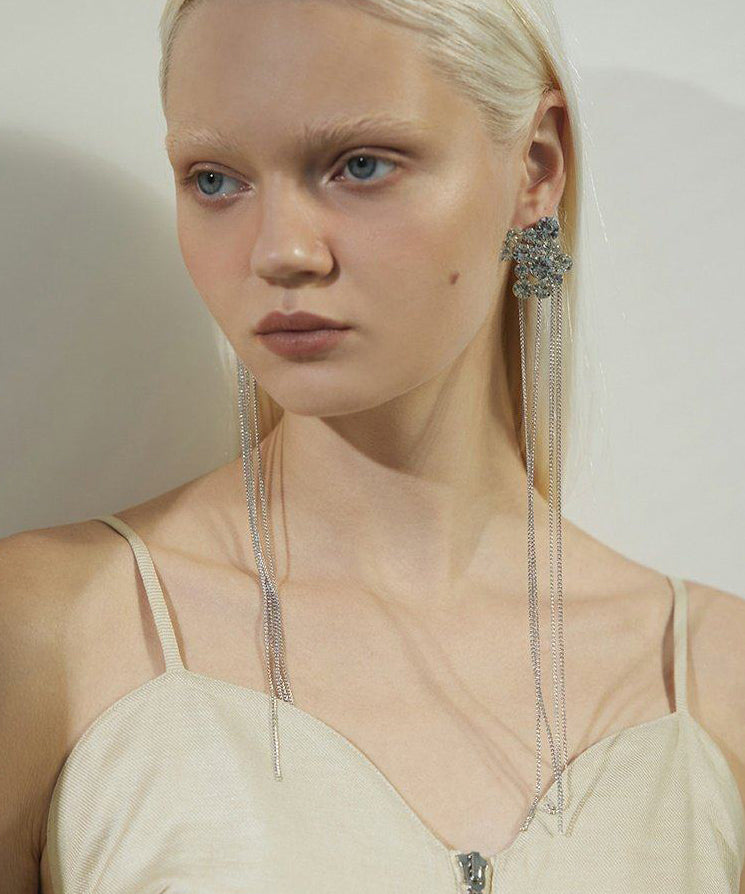 Retro Silvery Zircon Long Tasseled Metal Drop Earrings