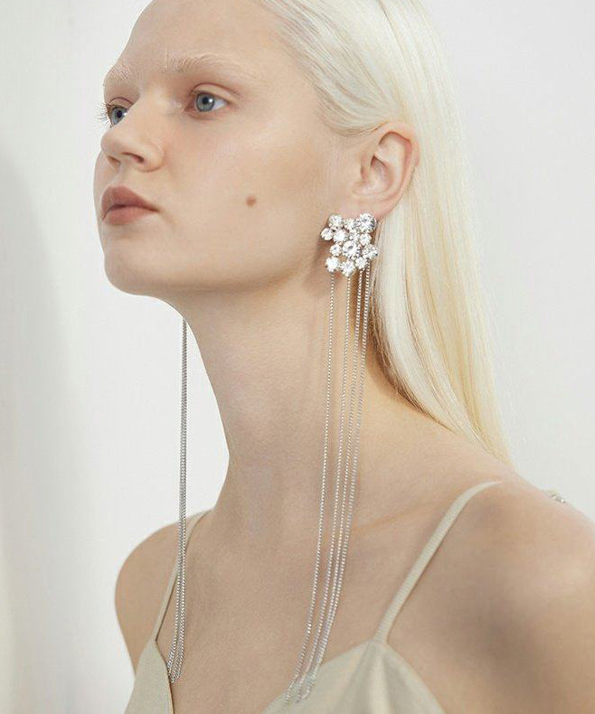 Retro Silvery Zircon Long Tasseled Metal Drop Earrings