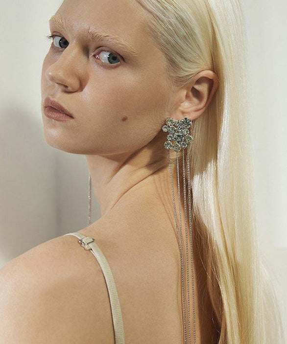 Retro Silvery Zircon Long Tasseled Metal Drop Earrings