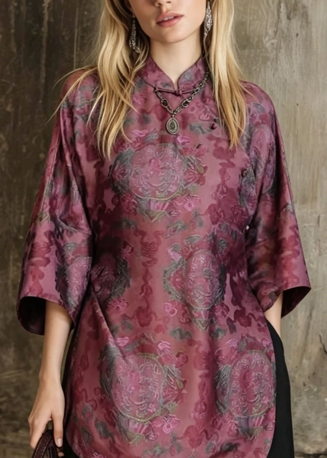 Retro Stand Collar Print Patchwork Silk Shirt Top Summer