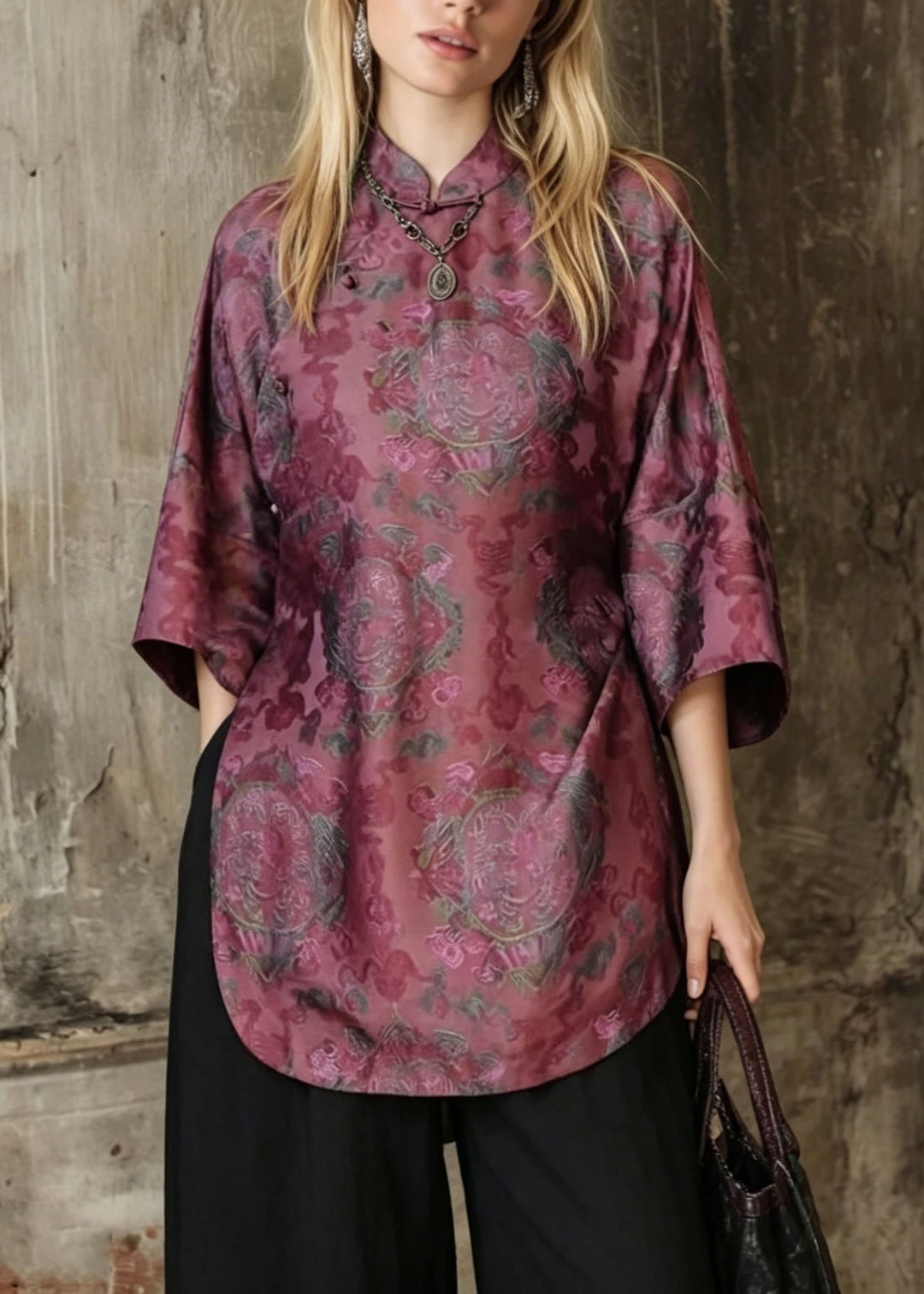 Retro Stand Collar Print Patchwork Silk Shirt Top Summer