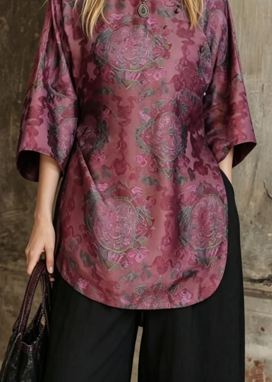 Retro Stand Collar Print Patchwork Silk Shirt Top Summer