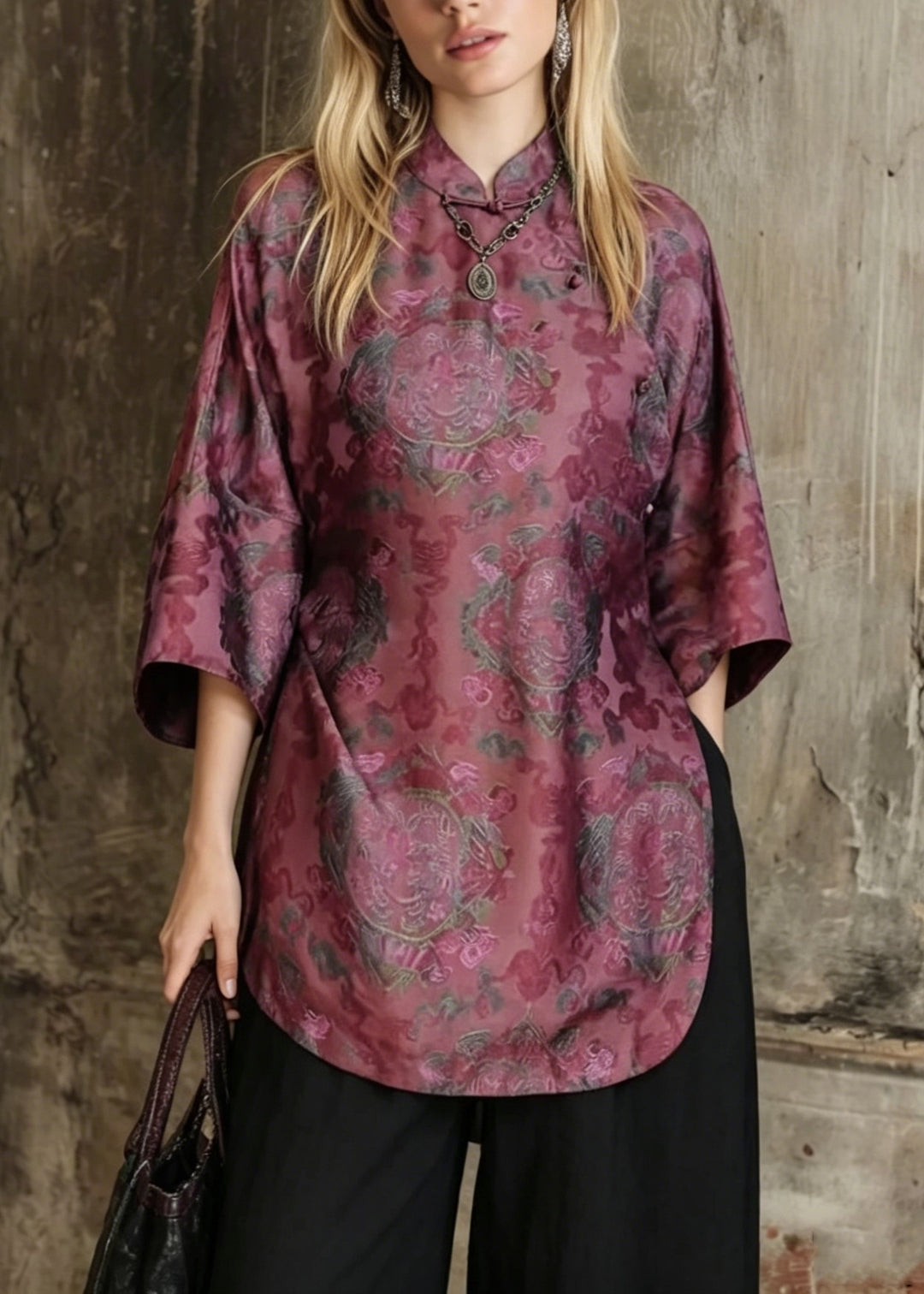 Retro Stand Collar Print Patchwork Silk Shirt Top Summer