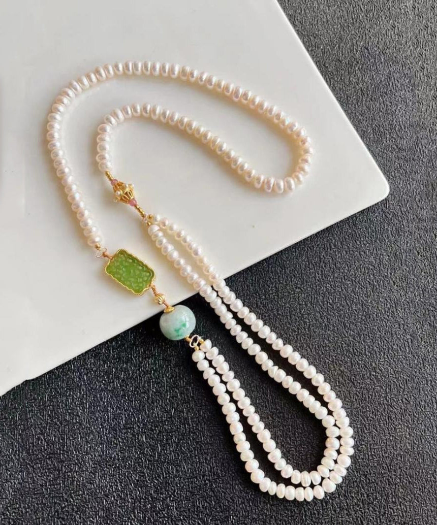 Retro White Alloy Jade Pearl Beading Gratuated Bead Necklace