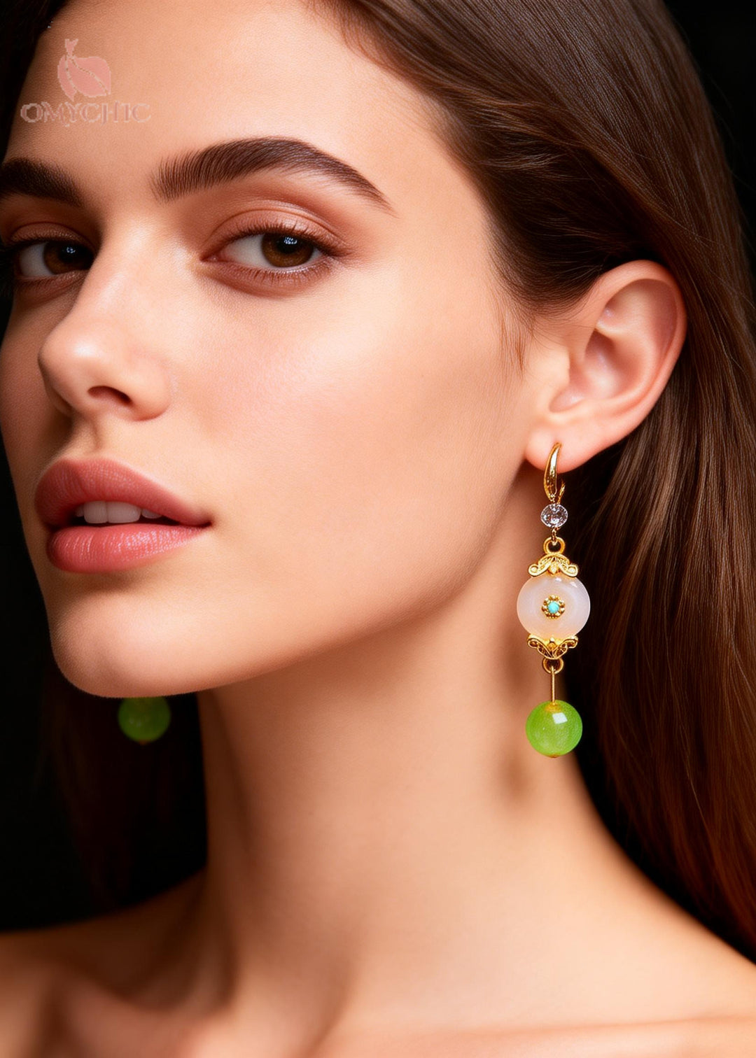 Retro White Jade Fine Zircon Long Drop Earrings