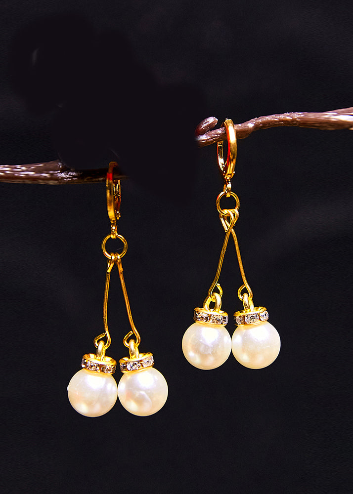 Retro White Pearl Zircon 14K Gold Drop Earrings