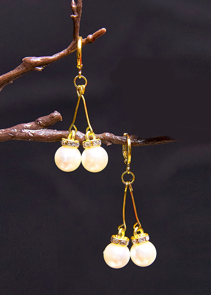 Retro White Pearl Zircon 14K Gold Drop Earrings