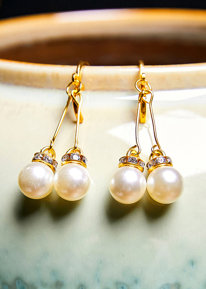Retro White Pearl Zircon 14K Gold Drop Earrings - Omychic