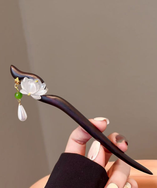 Retro White Wooden Overgild Lotus Pearl Tassel Hairpin