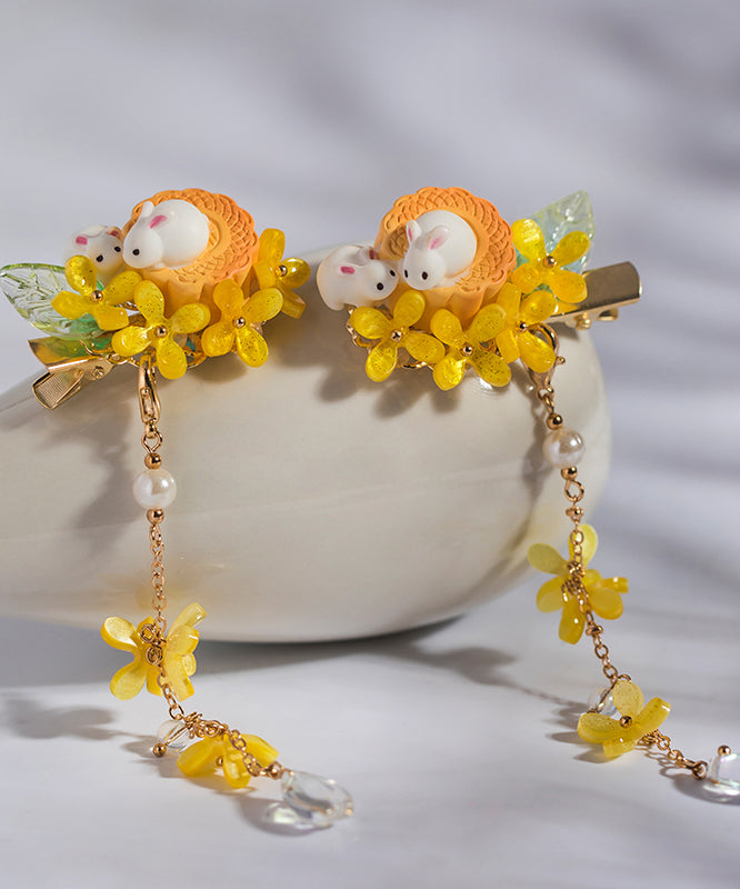 Retro Yellow Copper Overgild Pearl Colored Glaze Resin Tassel Kids Hairpin