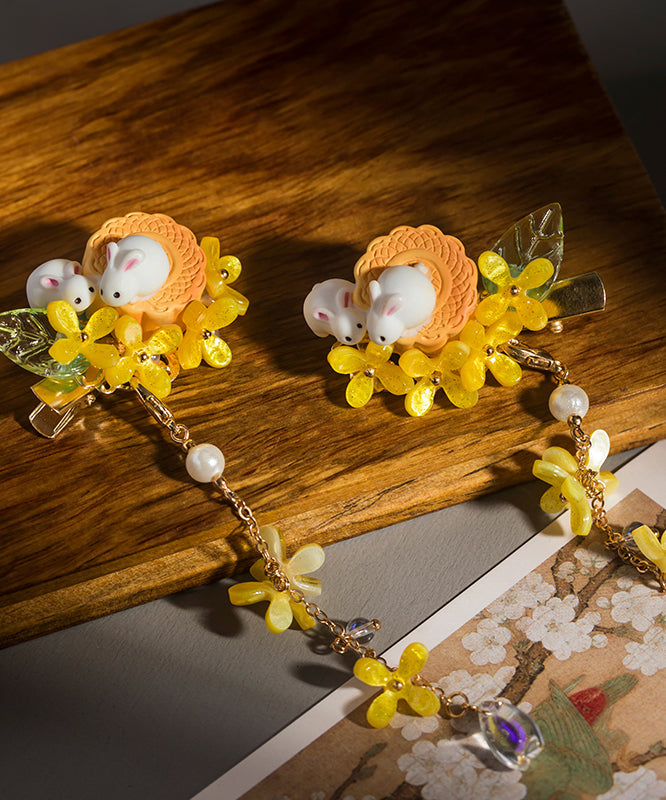 Retro Yellow Copper Overgild Pearl Colored Glaze Resin Tassel Kids Hairpin