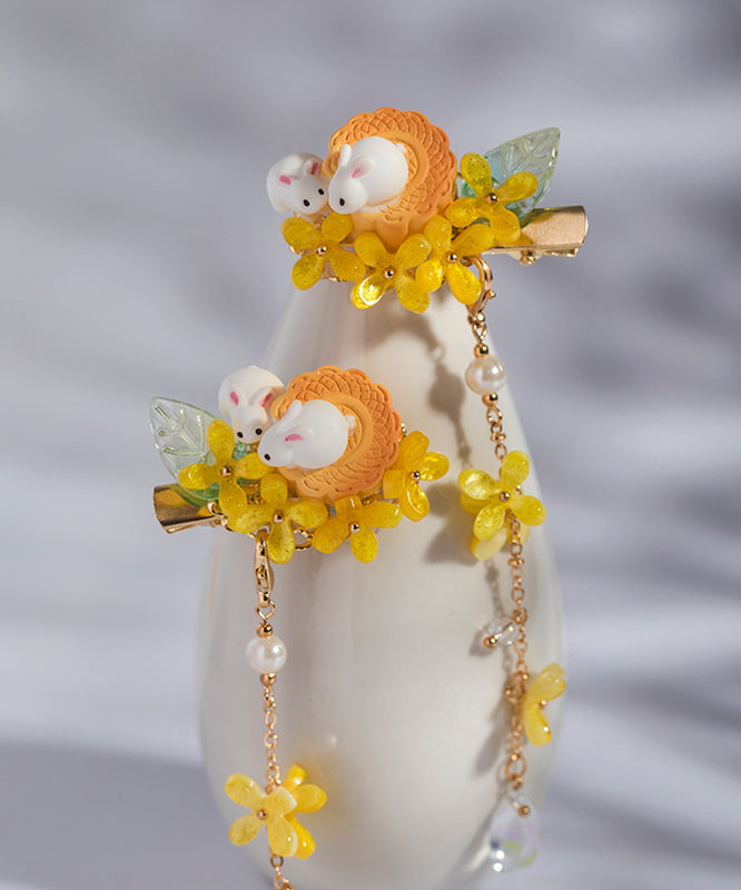 Retro Yellow Copper Overgild Pearl Colored Glaze Resin Tassel Kids Hairpin