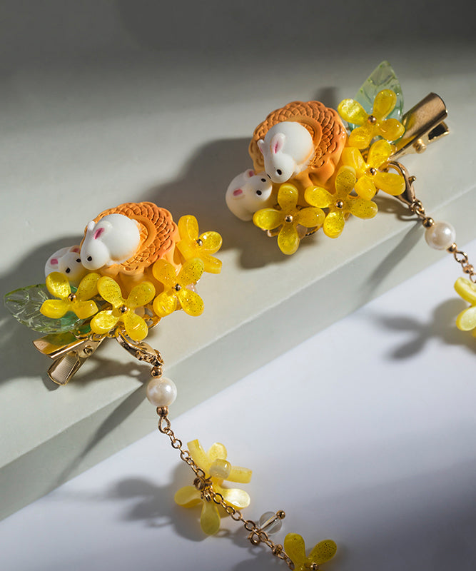 Retro Yellow Copper Overgild Pearl Colored Glaze Resin Tassel Kids Hairpin