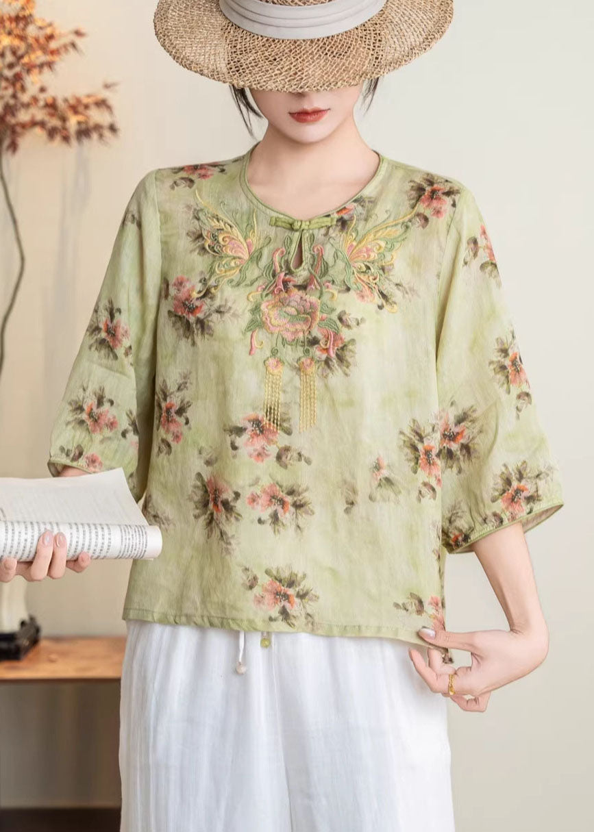 Retro Yellow O-Neck Embroidered Linen Shirt Summer