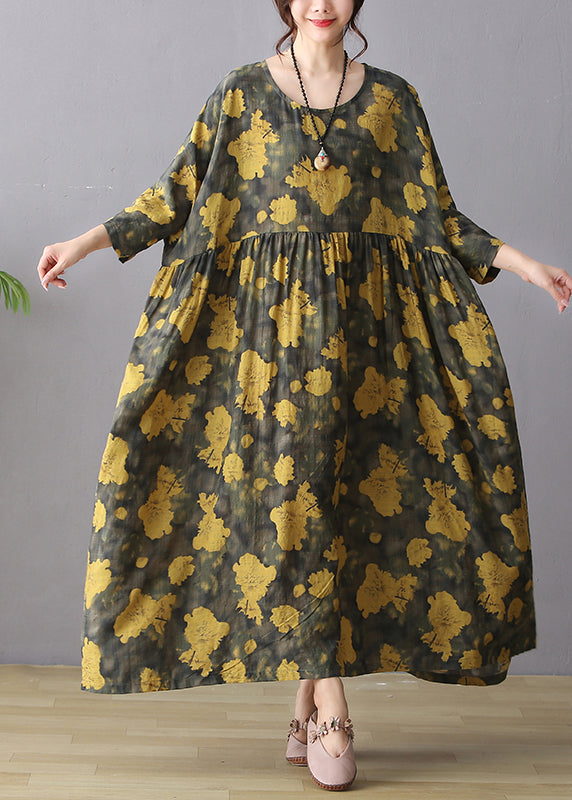 Retro Yellow O-Neck Print Wrinkled Maxi Dress Long Sleeve