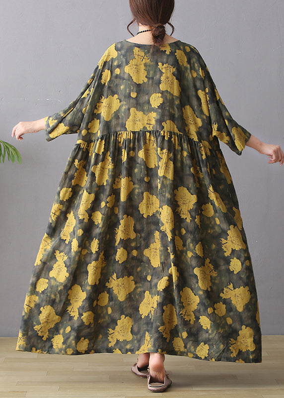 Retro Yellow O-Neck Print Wrinkled Maxi Dress Long Sleeve