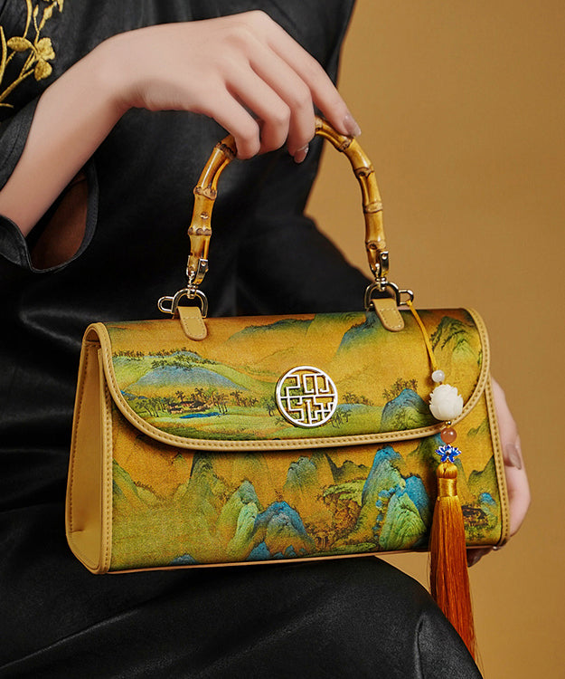 Retro Yellow Print Tassel Decorated Silk Tote Bag