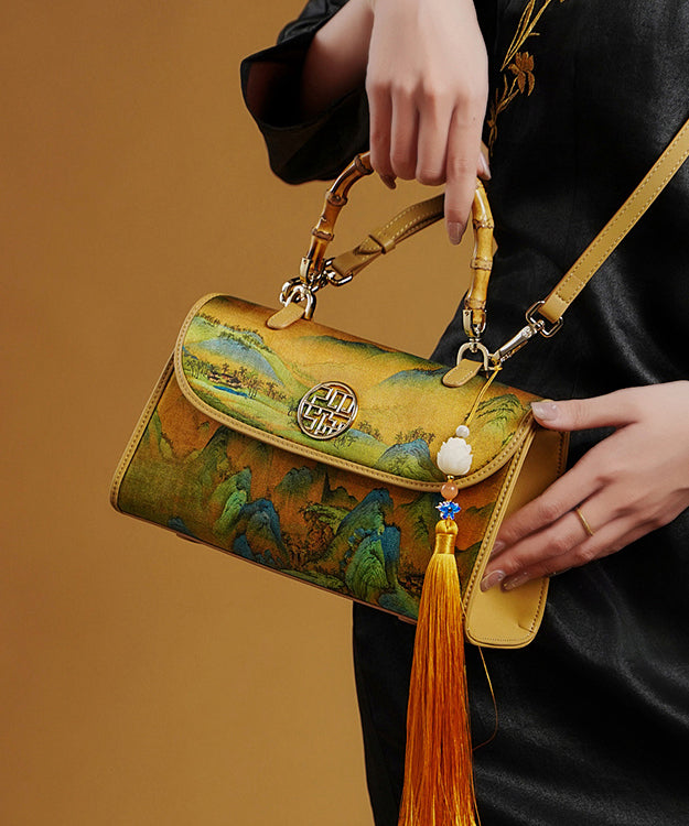 Retro Yellow Print Tassel Decorated Silk Tote Bag