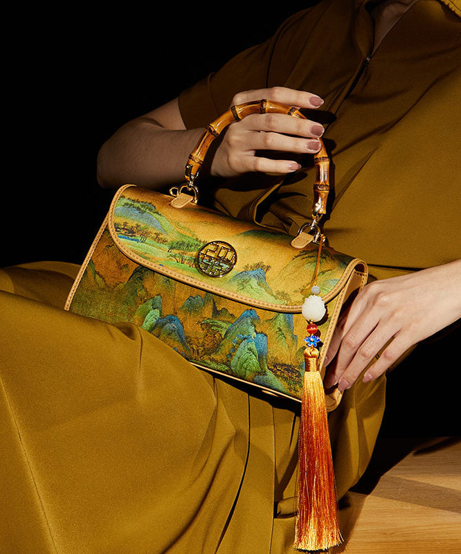 Retro Yellow Print Tassel Decorated Silk Tote Bag