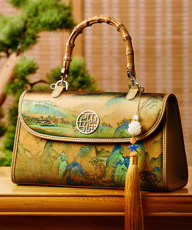 Retro Yellow Print Tassel Decorated Silk Tote Bag