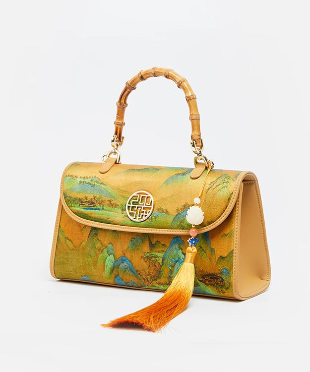 Retro Yellow Print Tassel Decorated Silk Tote Bag