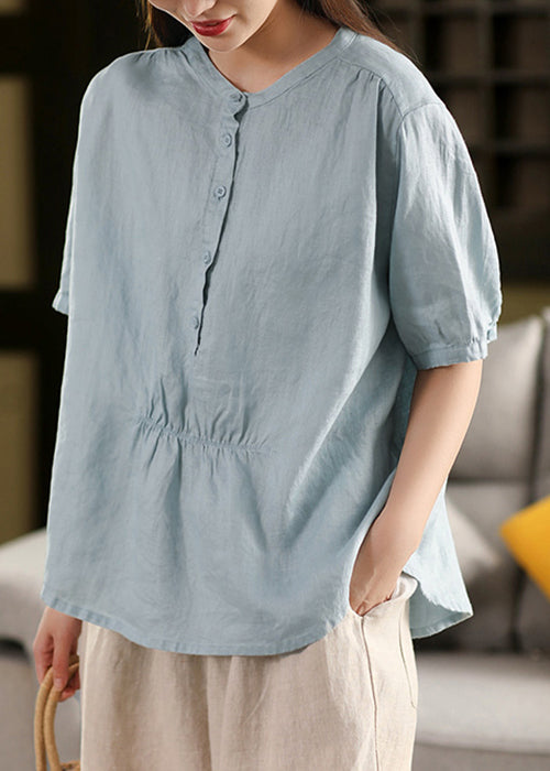 Rose Button Wrinkled Loose Linen Shirt O Neck