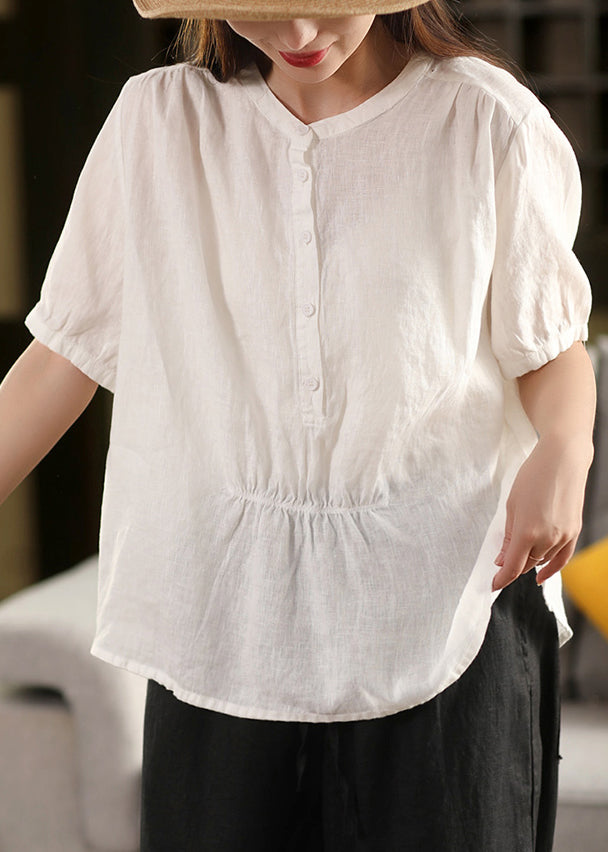 Rose Button Wrinkled Loose Linen Shirt O Neck