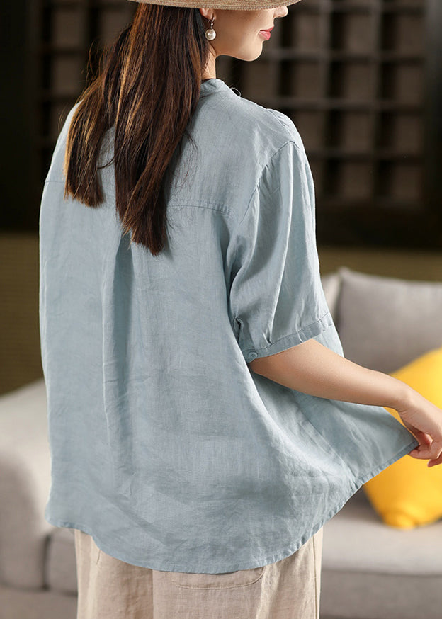 Rose Button Wrinkled Loose Linen Shirt O Neck