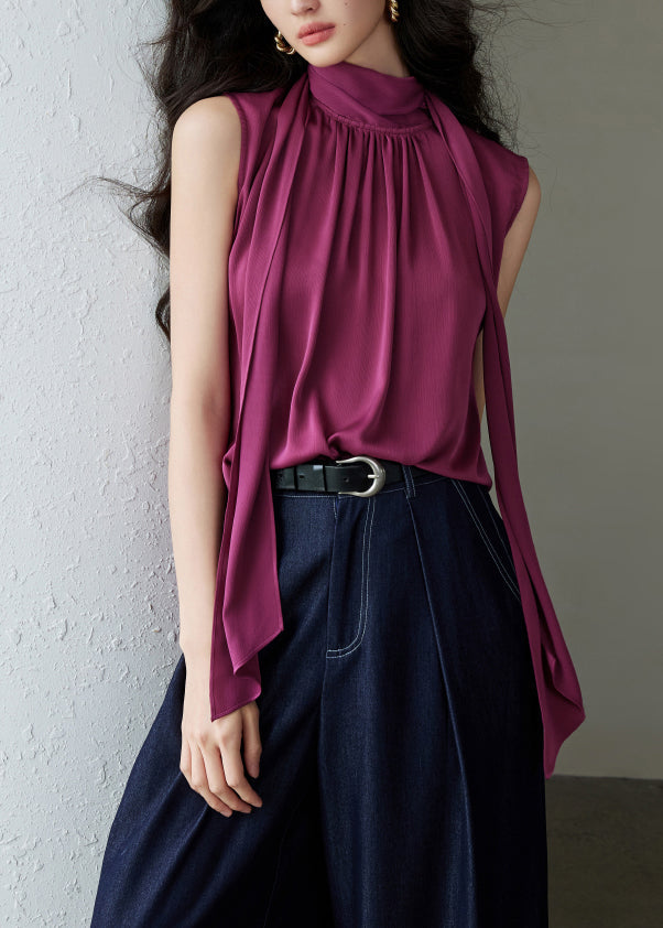 Rose Button Wrinkled Solid Silk Blouses Bow Summer