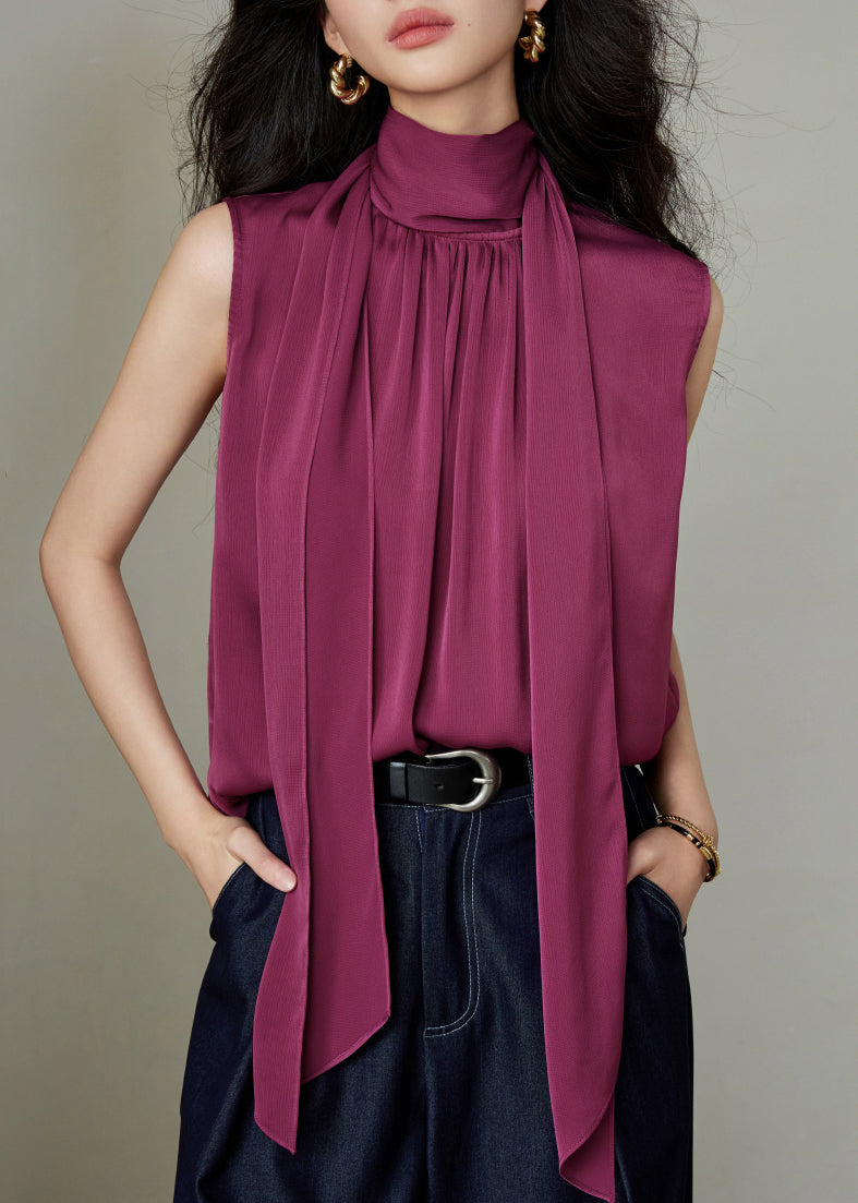 Rose Button Wrinkled Solid Silk Blouses Bow Summer