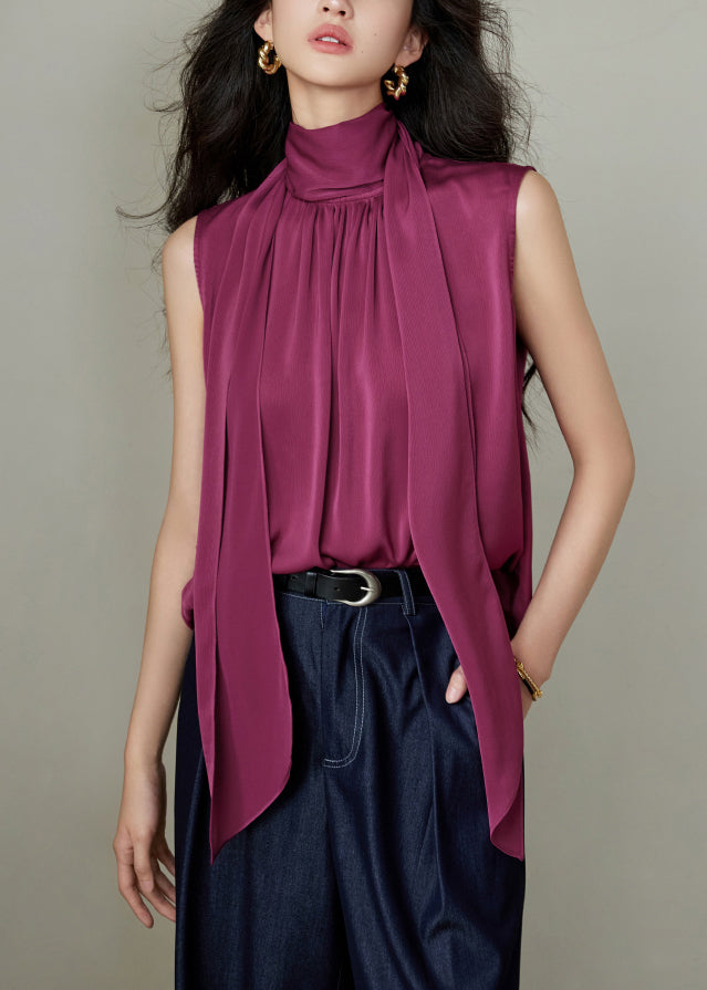 Rose Button Wrinkled Solid Silk Blouses Bow Summer
