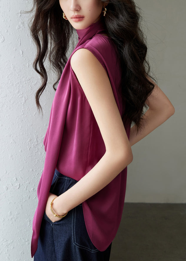 Rose Button Wrinkled Solid Silk Blouses Bow Summer