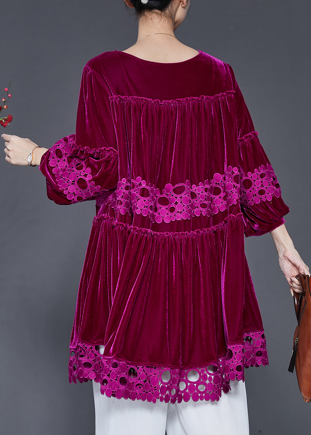 Rose Patchwork Lace Silk Velvet Dress Oversized Lantern Sleeve