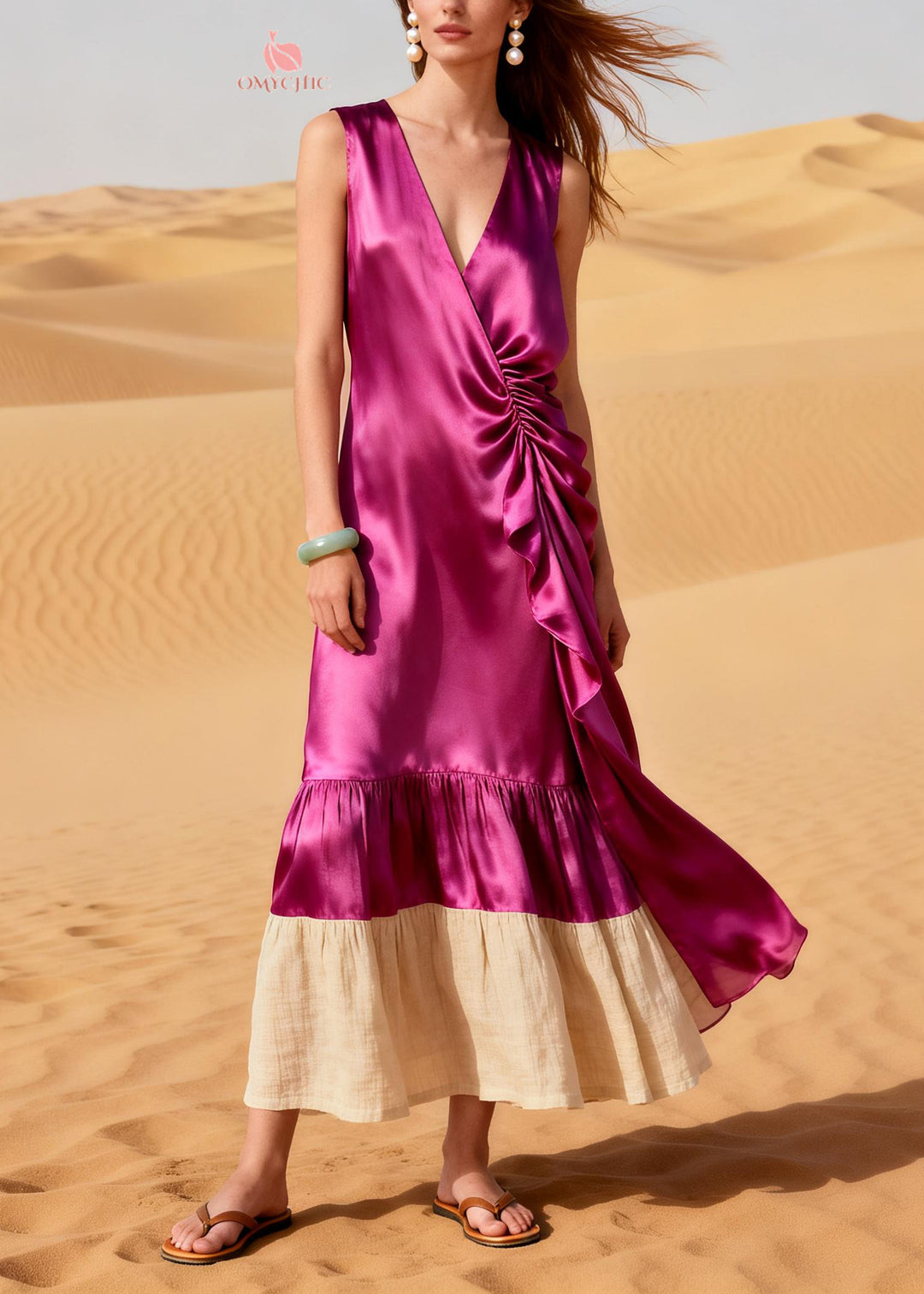 Rose Patchwork Silk Maxi Dress Asymmetrical Wrinkled Summer