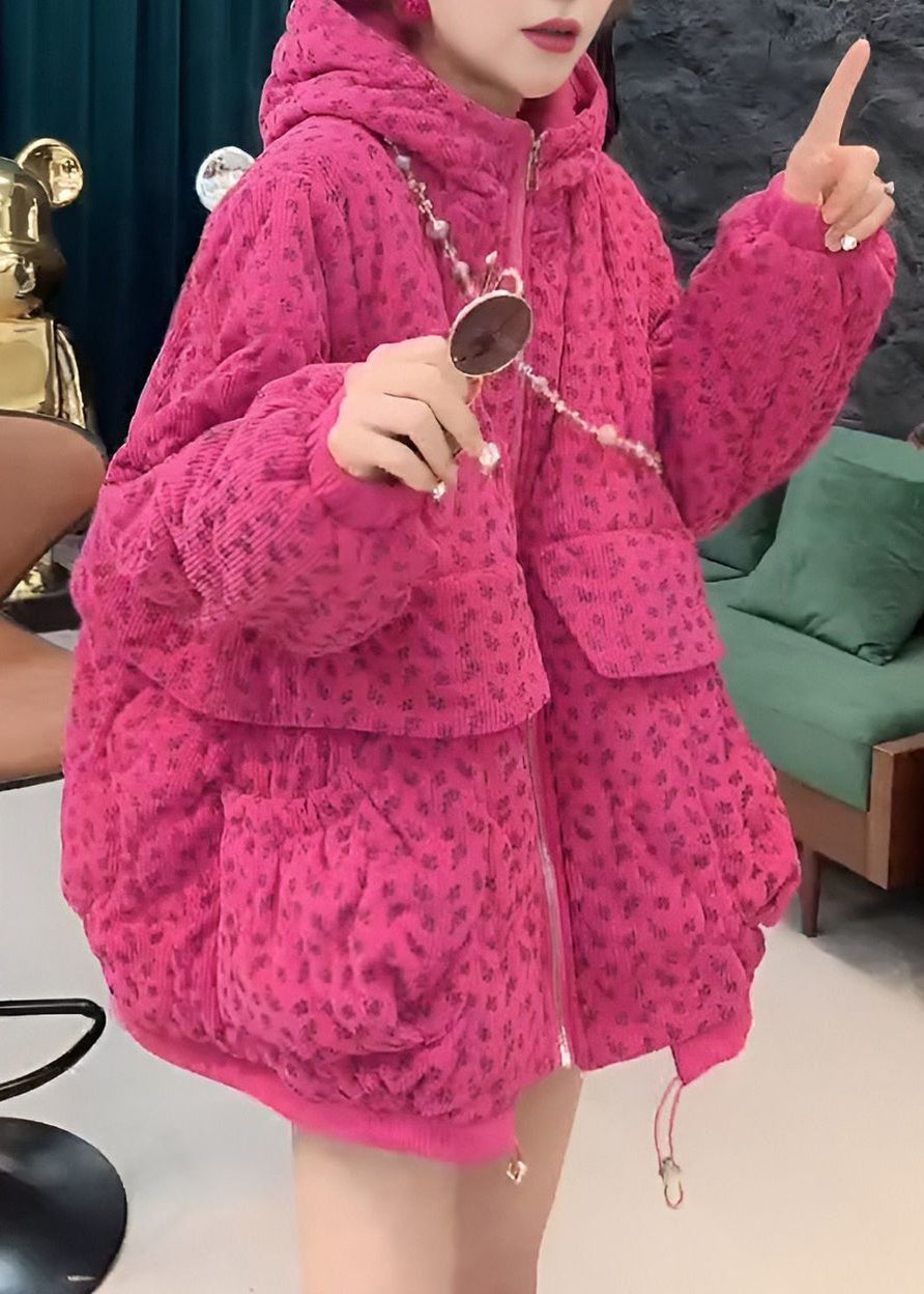 Rose Pockets Drawstring Cotton Filled Winter Parka Hooded