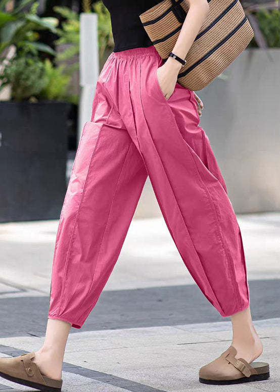 Rose Pockets Elastic Waist Solid Cotton Crop Pants Wrinkled